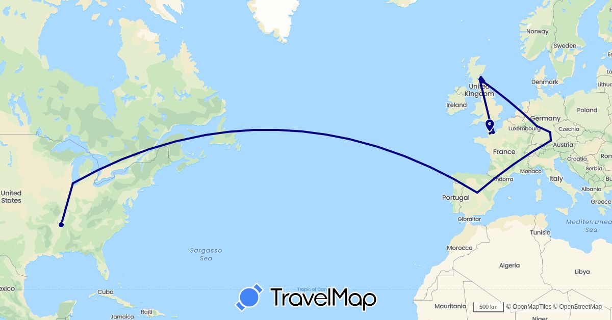 TravelMap itinerary: driving in Germany, Spain, France, United Kingdom, United States (Europe, North America)